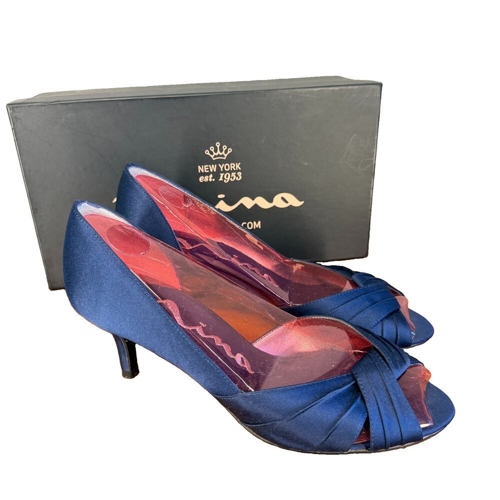 Nina Kitten Heels Womens 6 Blue Satin Culver Open Toe Formal Shoes